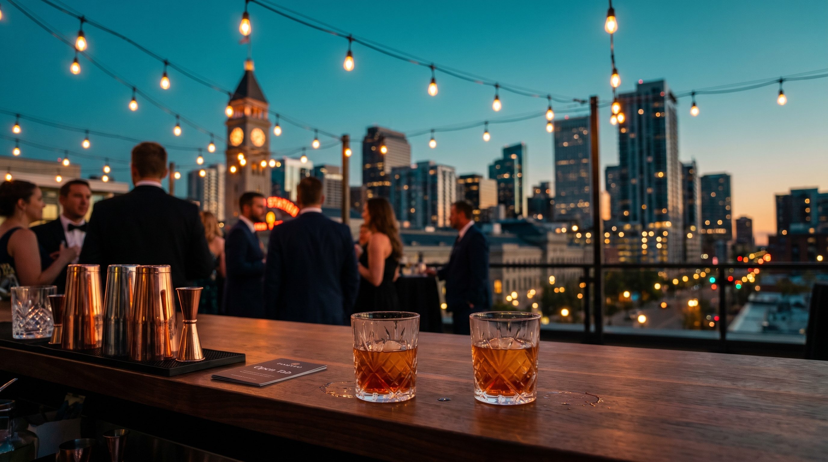 Mobile bar setup at Rooftop Reception · LoDo for 85 guests